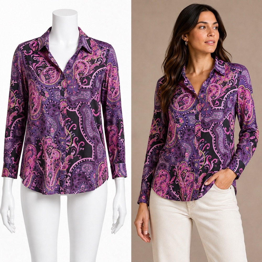 ICE Button Up Blouse Women 8 Purple Paisley 100% Silk Long Sleeve Collared Top